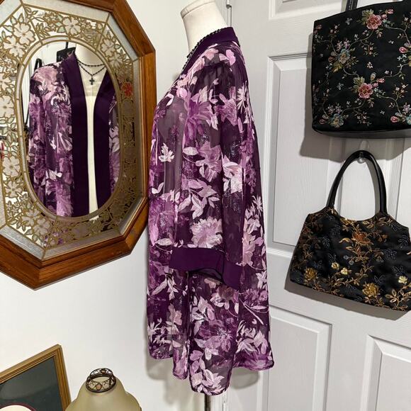 NWT R&M Collection Dark Purple & Silver Shimmery Sheer Floral Kimono Cardigan 16 - Picture 5 of 8